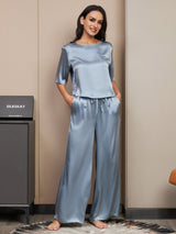[Gråblå] SilkSilky-DK Halv ærme Rund Hals Dame Pyjamas 006