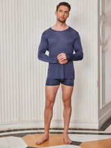 [Mørkeblå] SilkSilky-DK Long Sleeve Round Neck Herre T-shirt 005