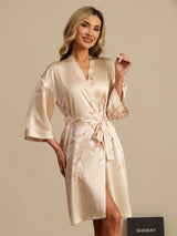 [Champagne] SilkSilky-DK 19Momme 3/4 ærme Dame Morgenkåbe 004