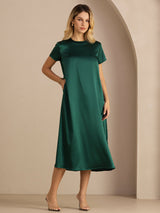 [Mørkegrøn] SilkSilky-DK Short Sleeve Round Neck Kjole 003