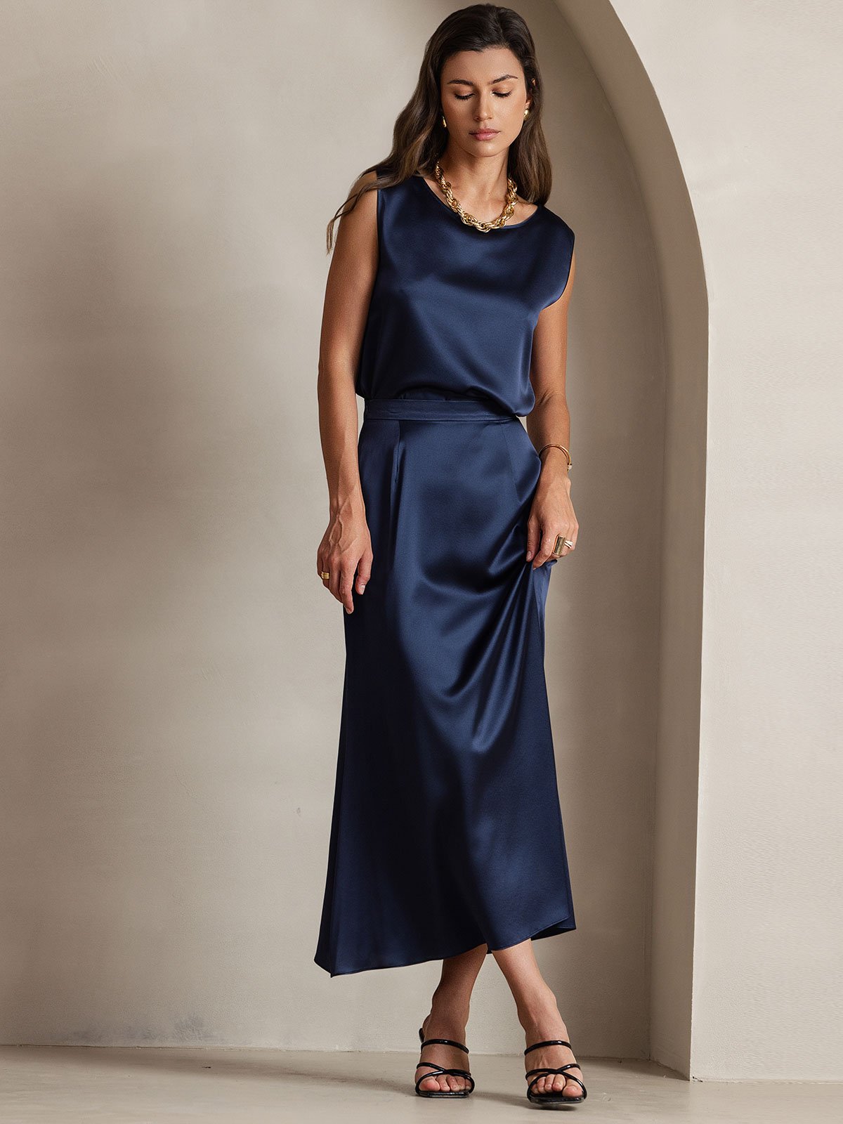 [Mørkeblå] SilkSilky-DK 19Momme Silke Skirt 008