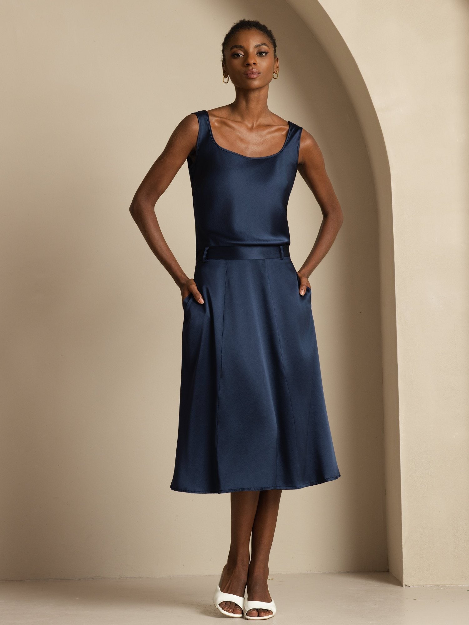 [Mørkeblå] SilkSilky-DK 19Momme Silke Skirt 001