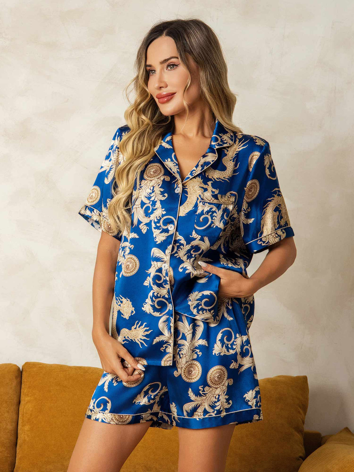 [Navy Drage] SilkSilky-DK Short Sleeve Lapel Collar Dame Pyjamas 001