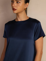 [Mørkeblå] SilkSilky-DK Short Sleeve Round Neck Kjole 004