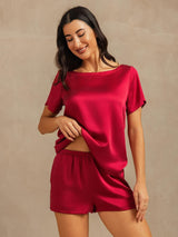 [Vin] SilkSilky-DK 19Momme Kort ærme Rund Hals Dame Pyjamas 008