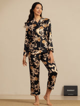 [Sort Drage] SilkSilky-DK Long Sleeve Lapel Collar Dame Pyjamas 001