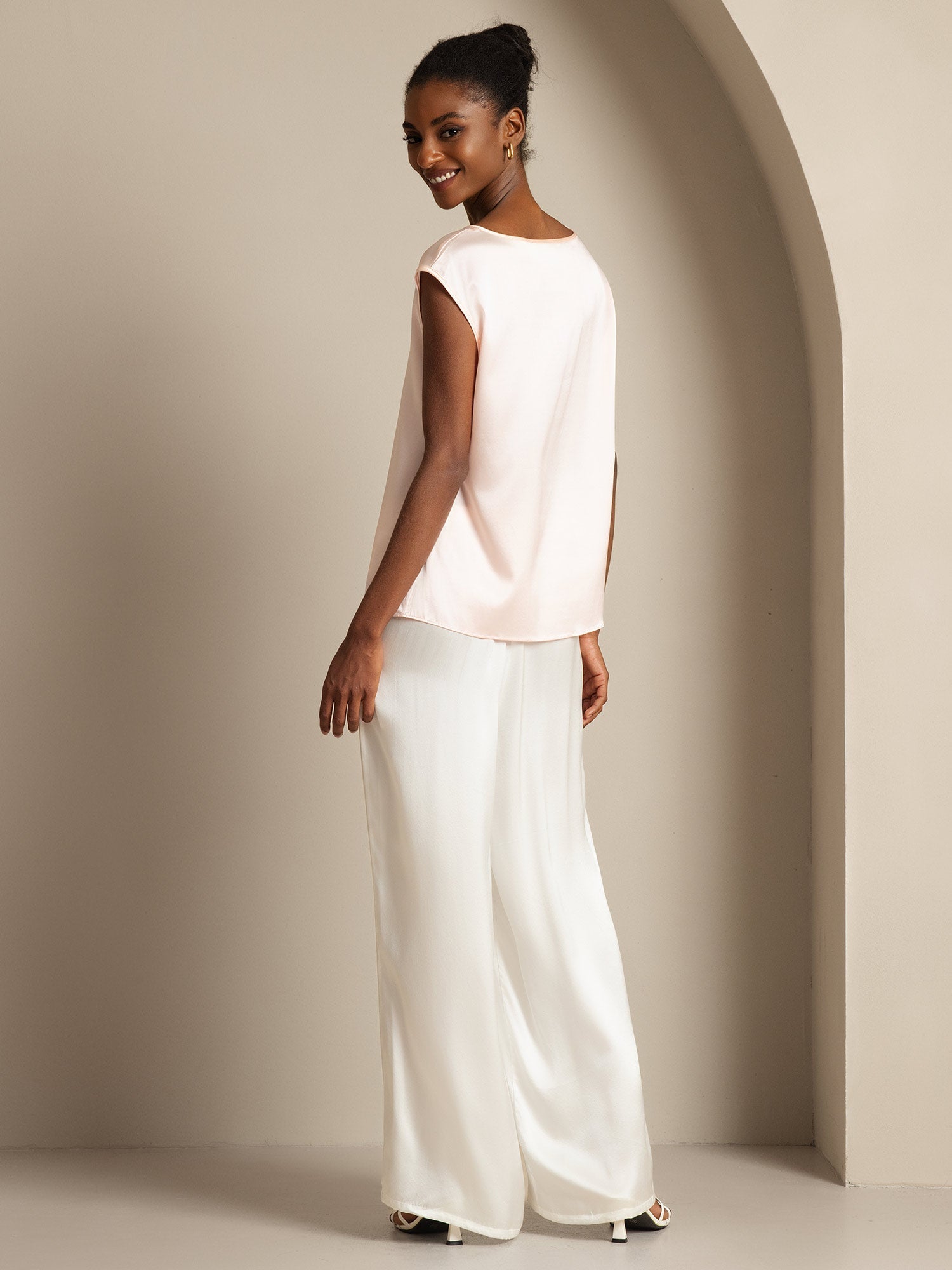 [Lyserød] SilkSilky-DK 19Momme Silke Womens T-Shirt 002,