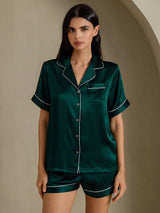 [Mørkegrøn] SilkSilky-DK Short Sleeve Lapel Collar Dame Pyjamas 003