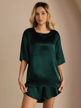 [Mørkegrøn] SilkSilky-DK Short Sleeve Round Neck Dame Pyjamas 006