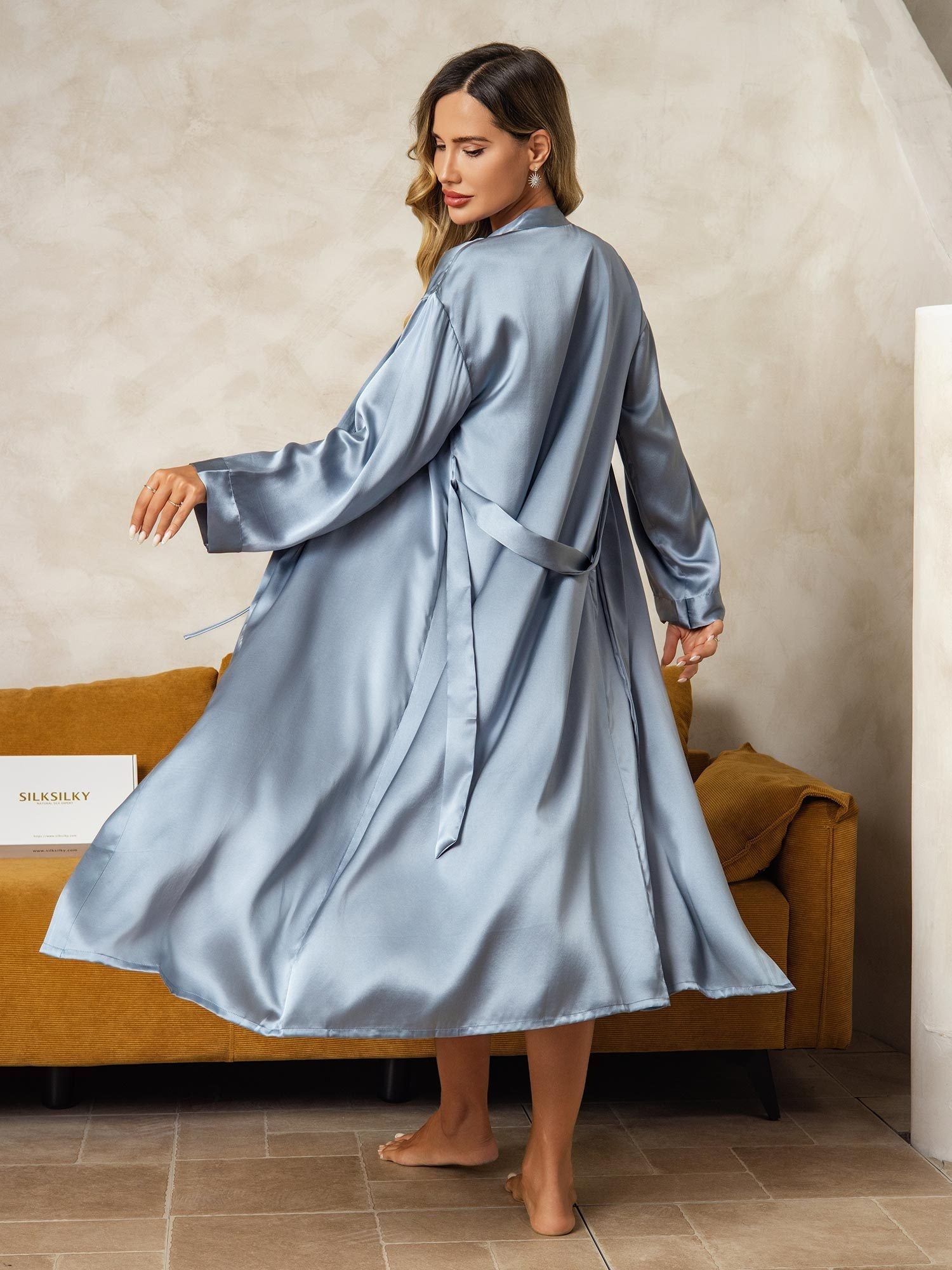 [Gråblå] SilkSilky-DK Silke Nightgown&Robe Set 003