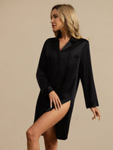 [Sort] SilkSilky-DK Long Sleeve Lapel Collar Soveskjorte 003