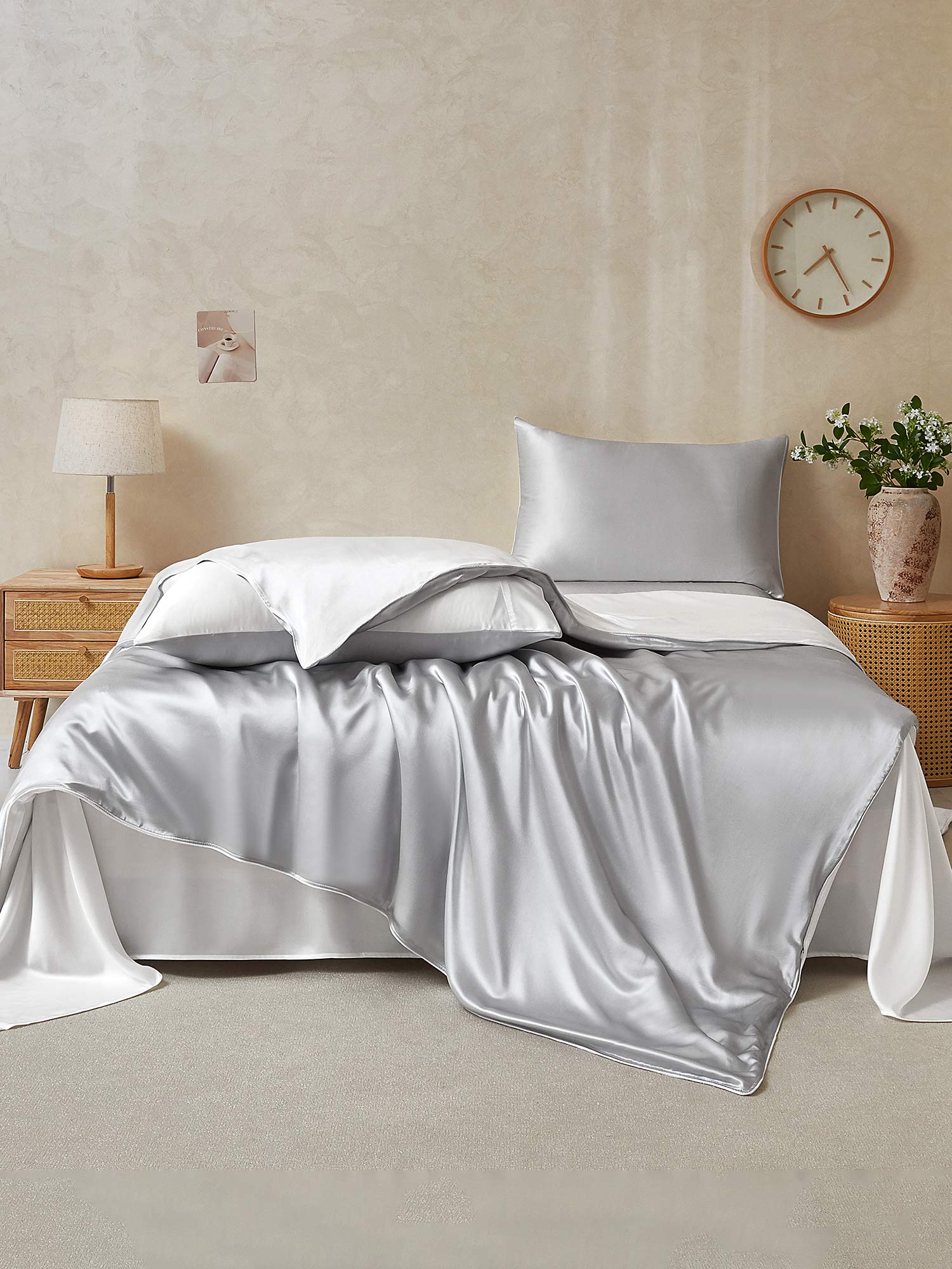 [Lysegrå+Hvid] SilkSilky-DK 19Momme Bedding Set 002,