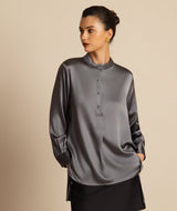 [Mørkegrå] SilkSilky-DK 19Momme Langærmet Ståkrave Bluse 003