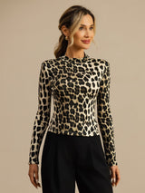[Leopard] SilkSilky-DK Langærmet Falsk Krave T-shirt til kvinder 001