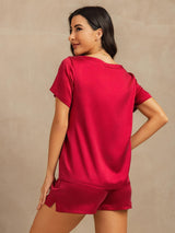 [Vin] SilkSilky-DK 19Momme Kort ærme Rund Hals Dame Pyjamas 002