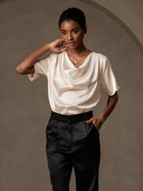 [Beige] SilkSilky-DK Short Sleeve Cowl Neck Damebluser 004