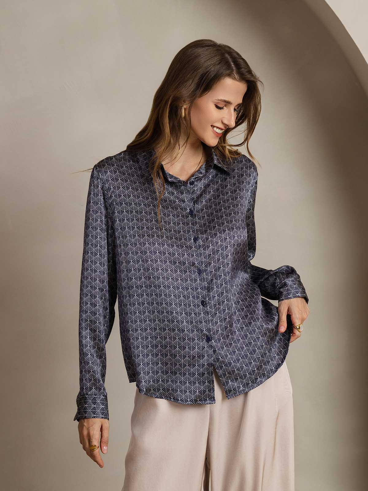 [Marine Ginkgo] SilkSilky-DK Silke Lapel Collar Dameskjorte 005