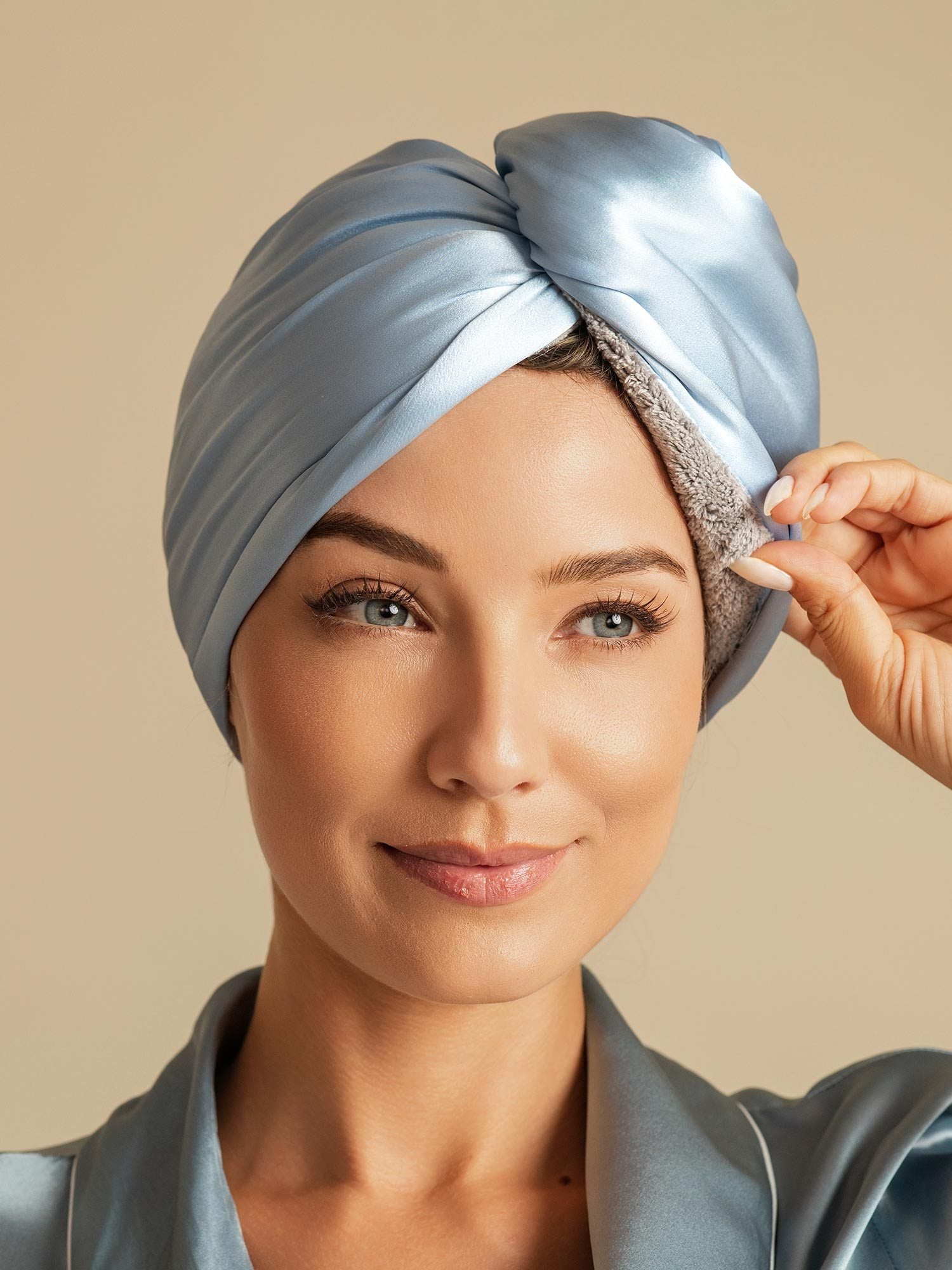 [Himmelblå] SilkSilky-DK Silke Hair Towel Wrap 006,