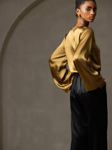 [Brun] SilkSilky-DK Long Sleeve Boat Neck Bluse 006