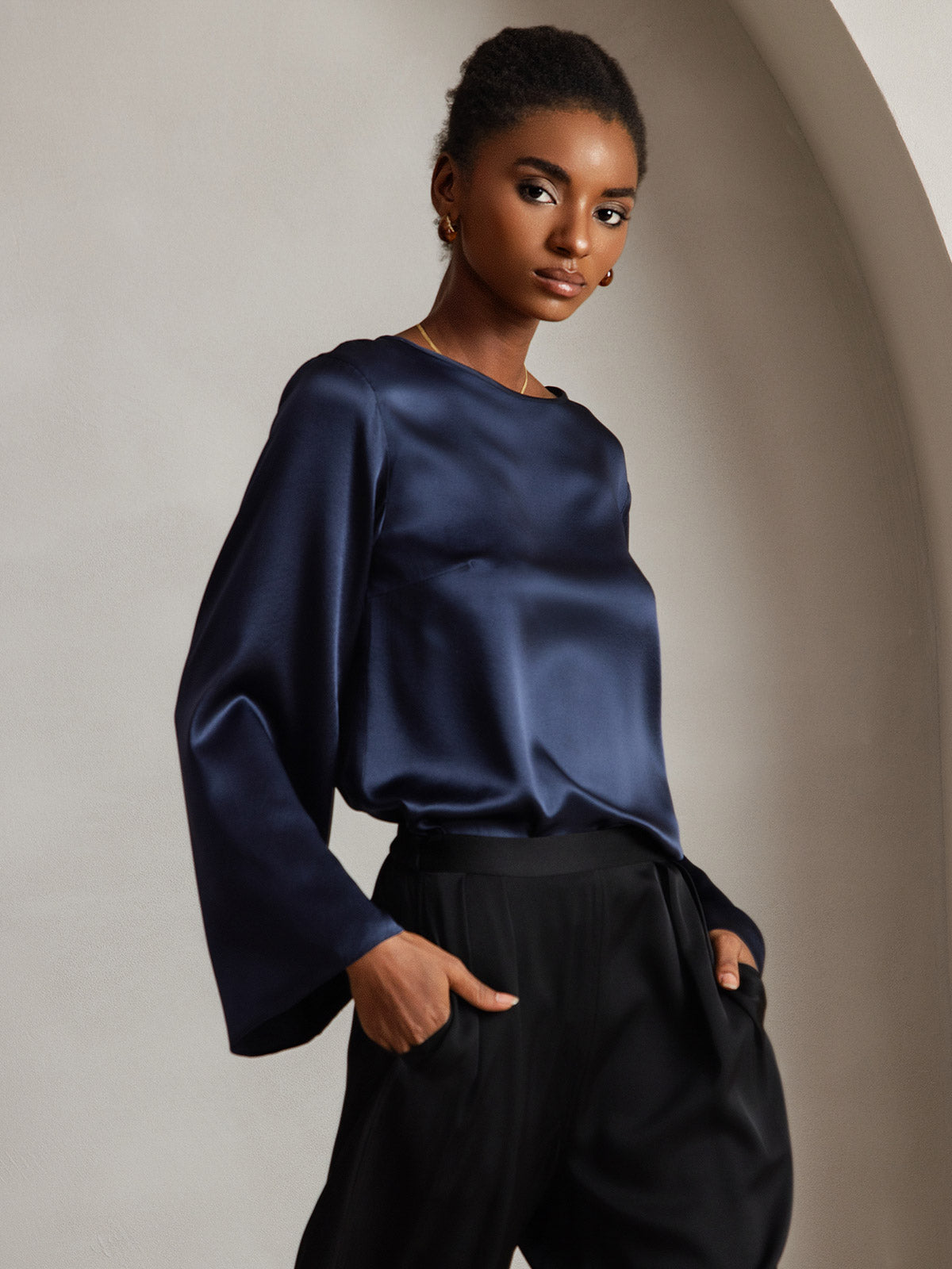 [Mørkeblå] SilkSilky-DK Long Sleeve Boat Neck Bluse 001