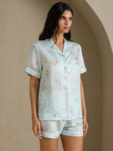 [Himmelblå Blomster] SilkSilky-DK Short Sleeve Notch Collar Dame Pyjamas 003