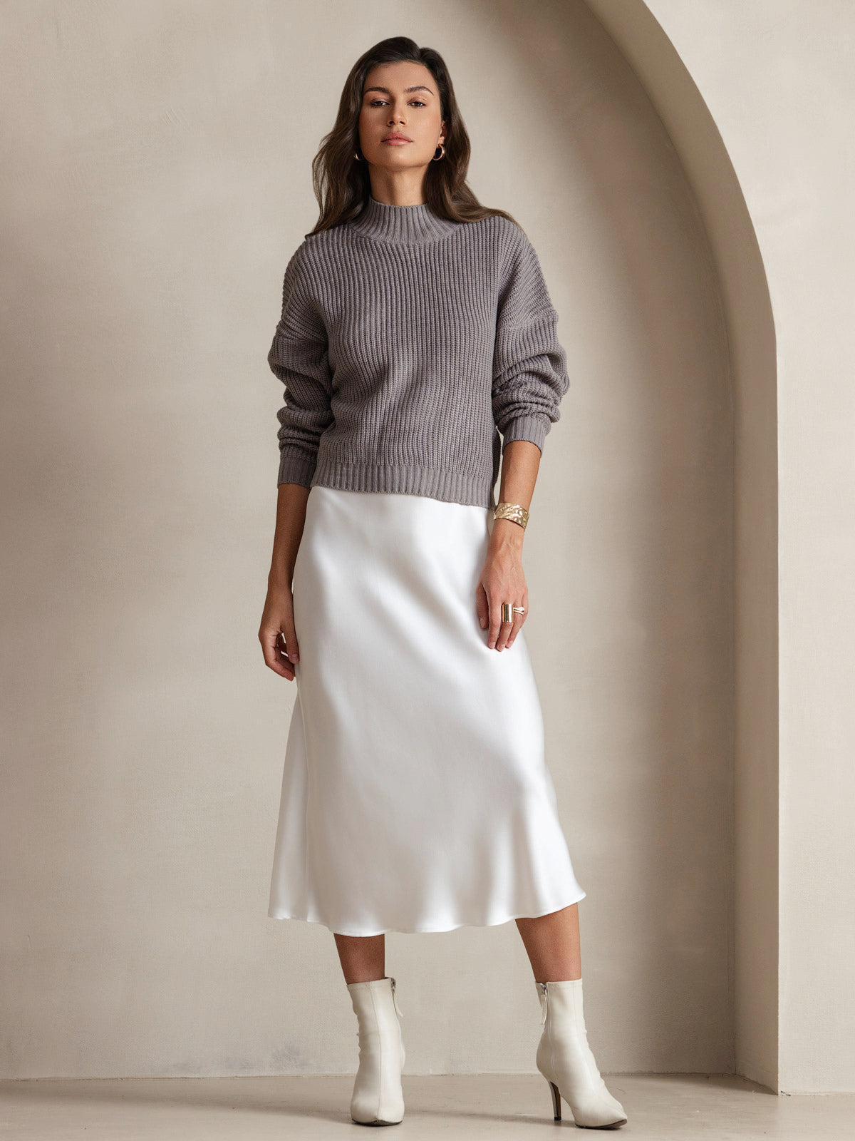 [Hvid] SilkSilky-DK Spaghetti Rem V Hals Kjole 007