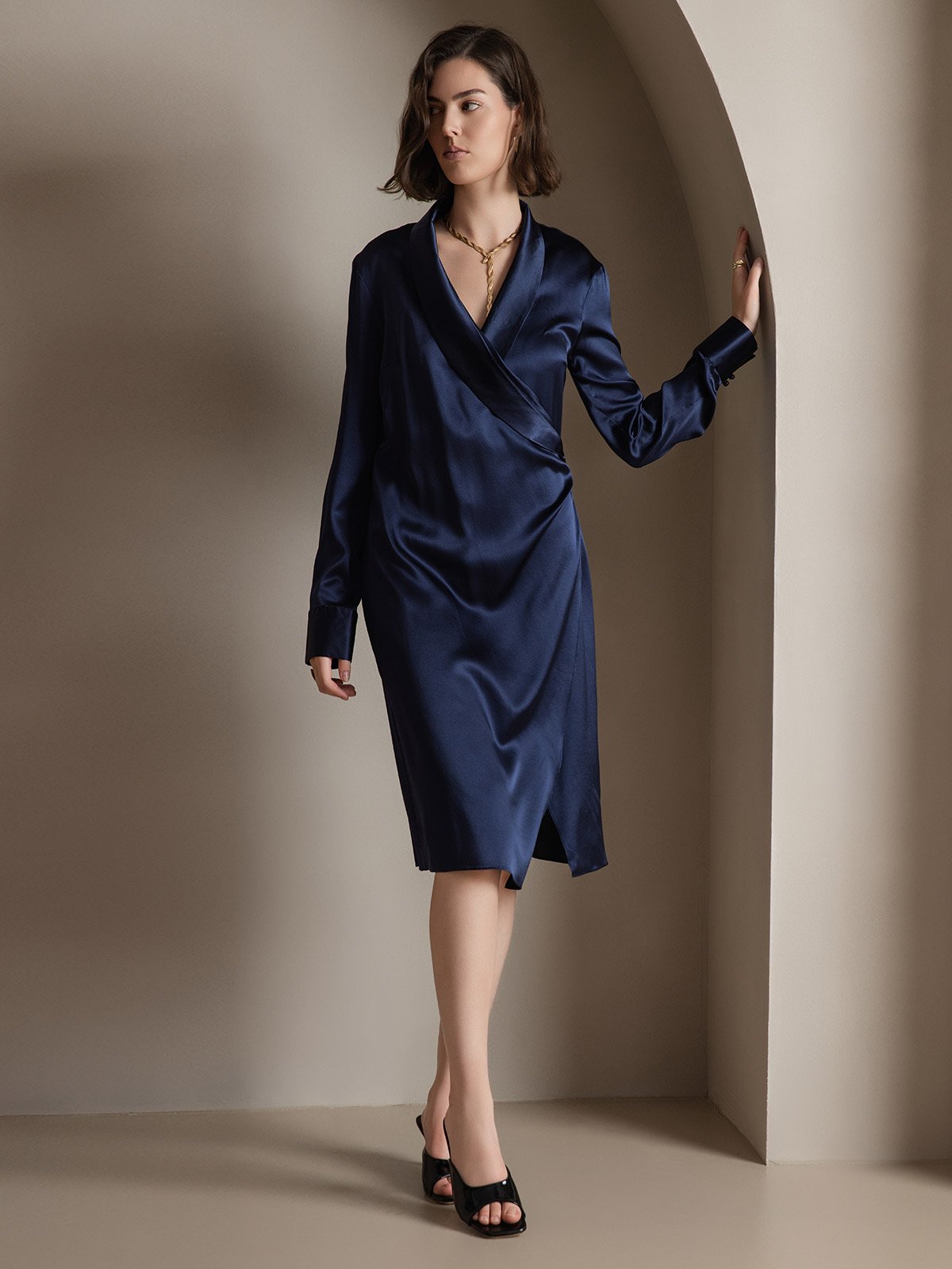 [Mørkeblå] SilkSilky-DK 19Momme Silke Dress 005