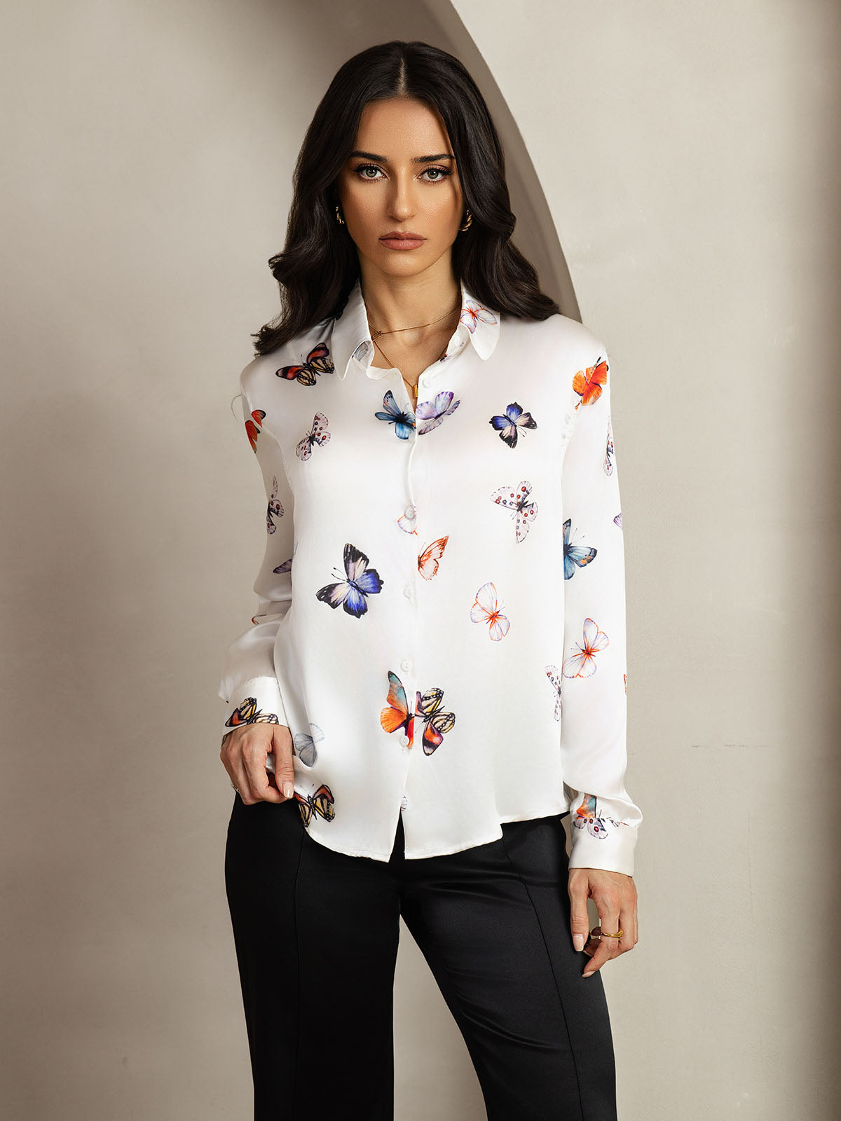 [Hvid Sommerfugl] SilkSilky-DK Silke Lapel Collar Dameskjorte 001