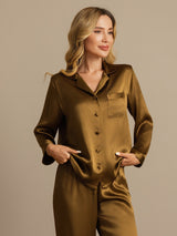 [Brun] SilkSilky-DK Long Sleeve Lapel Collar Dame Pyjamas 006