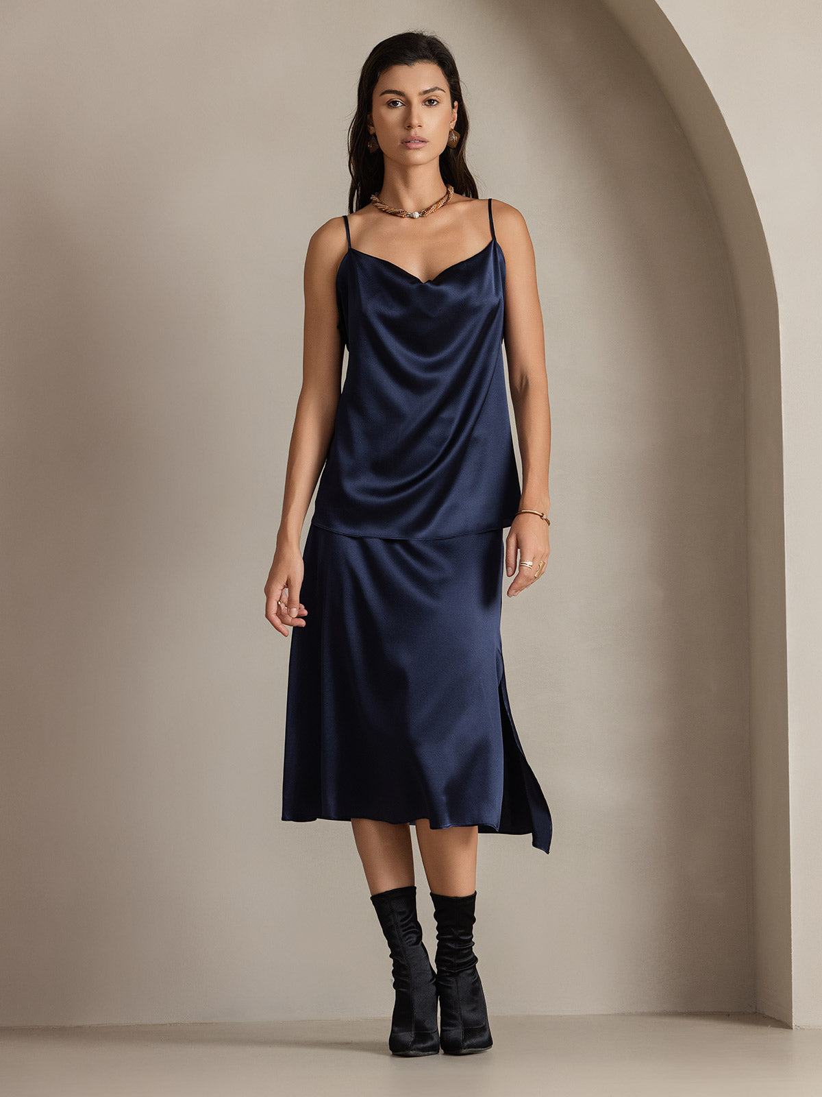 [Mørkeblå] SilkSilky-DK 19Momme Silke Skirt 004