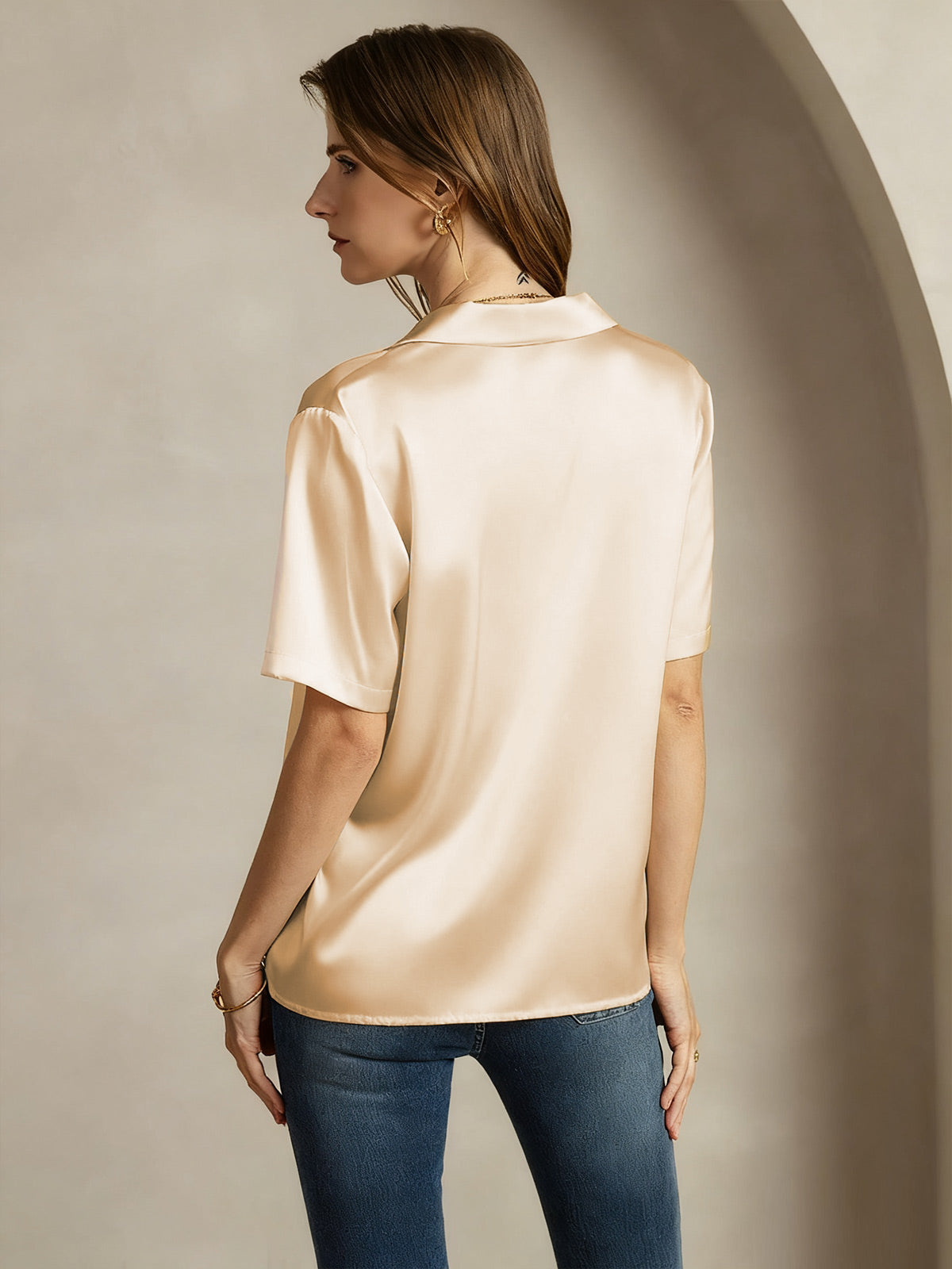 [Champagne] SilkSilky-DK 19Momme Silke Womens Shirt 002