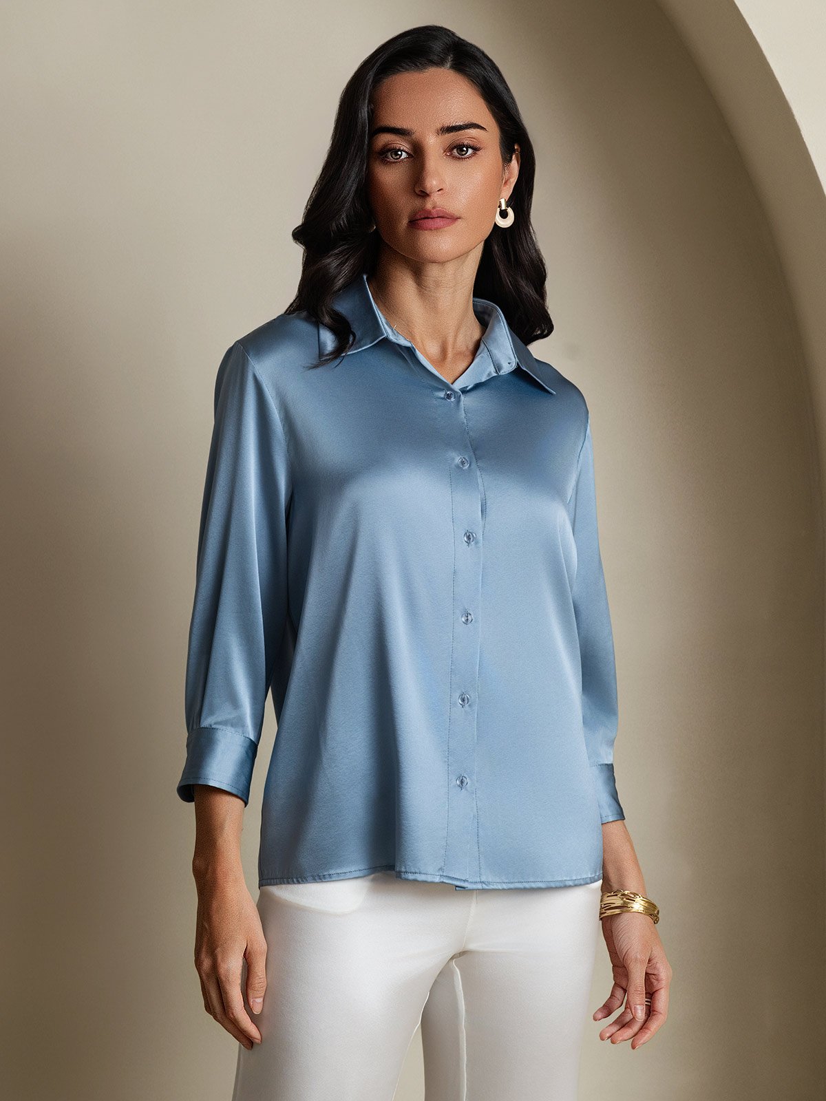 SilkSilky-DK 19Momme Silke Revers Dameskjorte Gråblå 004