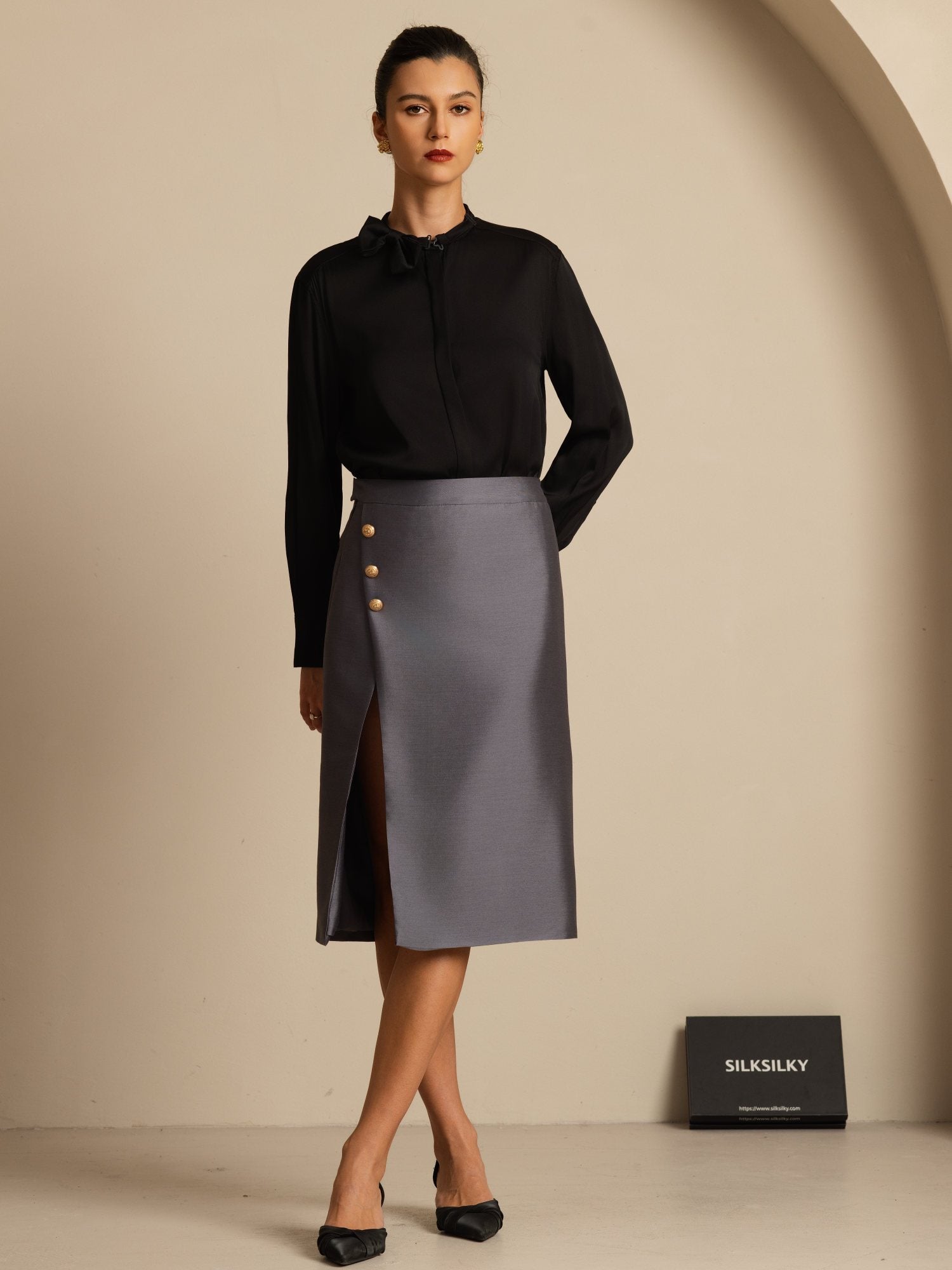 [Sort] SilkSilky-DK 19Momme Silke Langærmet Ståkrave Bluse 007