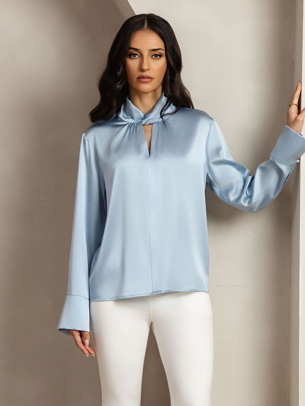 [Gråblå] SilkSilky-DK 19Momme Silke Womens Shirt 009