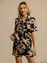 [Sort Drage] SilkSilky-DK Short Sleeve Lapel Collar Dame Pyjamas 001