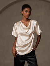[Beige] SilkSilky-DK Short Sleeve Cowl Neck Damebluser 001