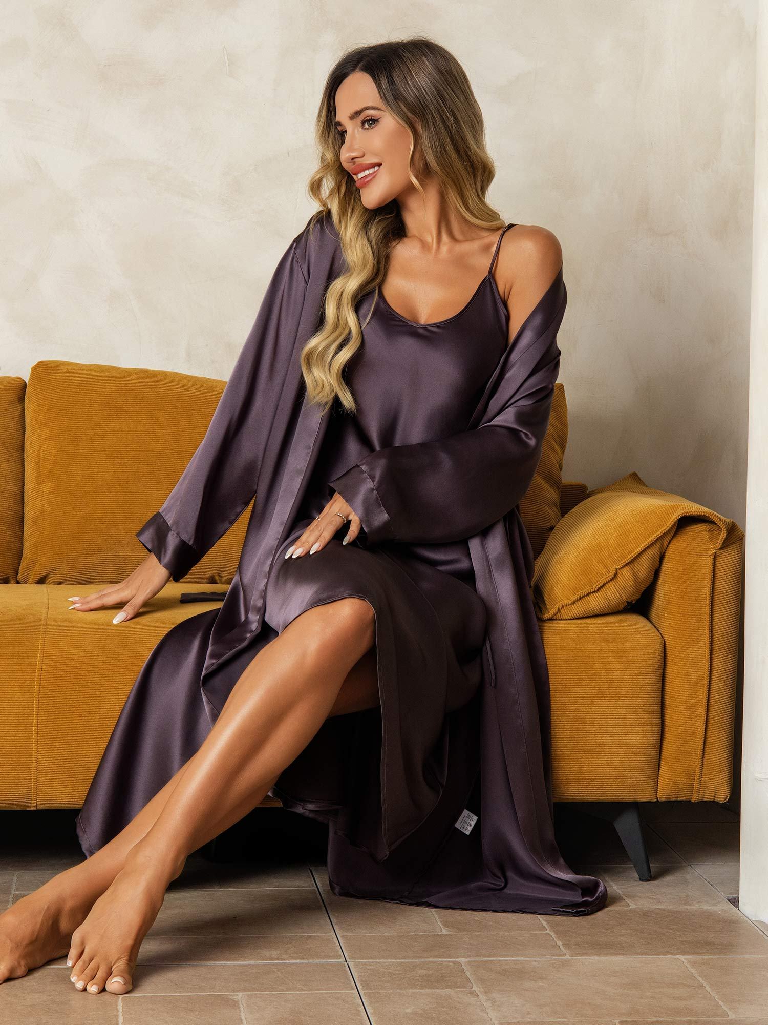 [Lilla Grå] SilkSilky-DK Silke Nightgown&Robe Set 004