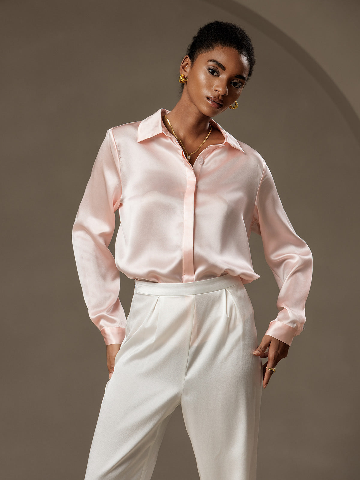 [Lyserød] SilkSilky-DK 19Momme Silke Womens Shirt 004