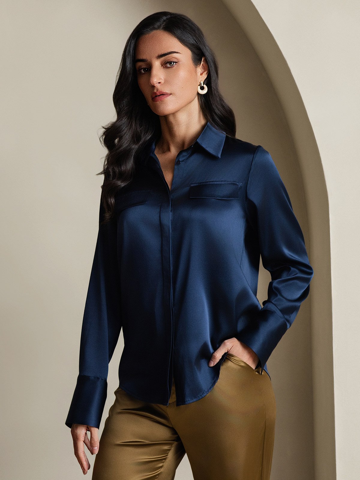 SilkSilky-DK 19Momme Silke Womens Shirt Mørkeblå 001