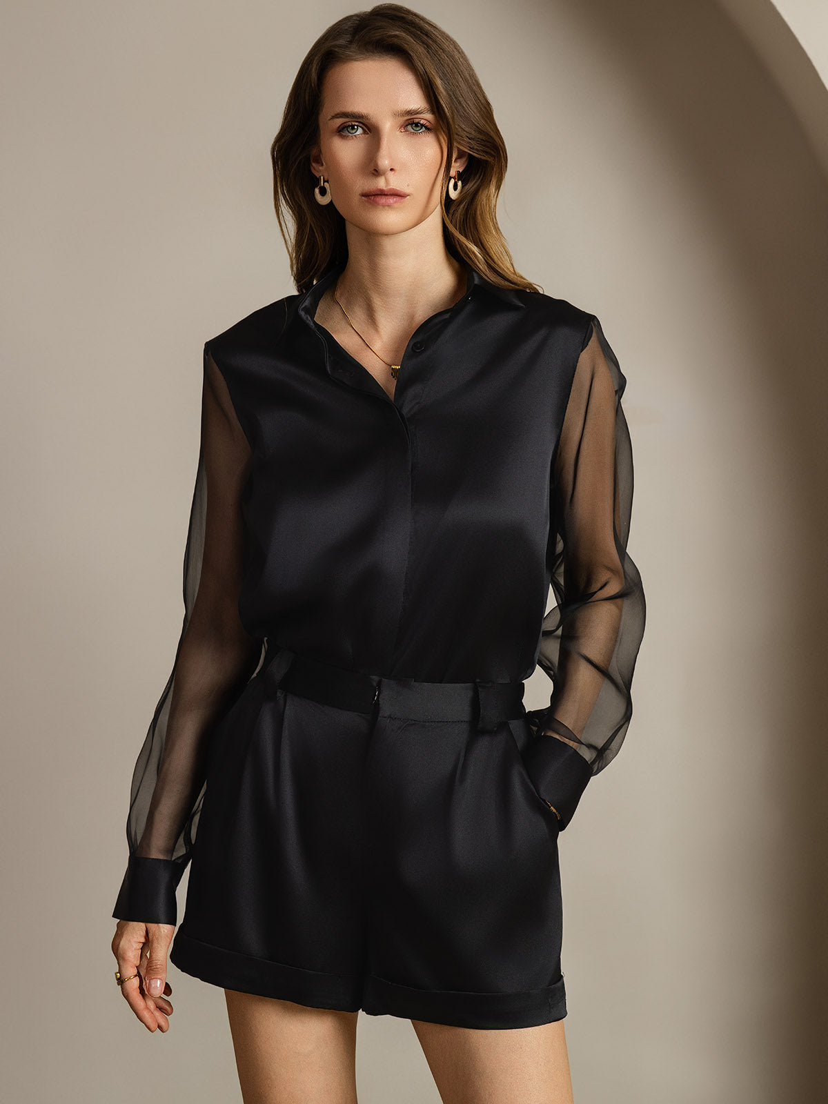 [Sort] SilkSilky-DK 19Momme Silke Lapel Collar Dameskjorte 005