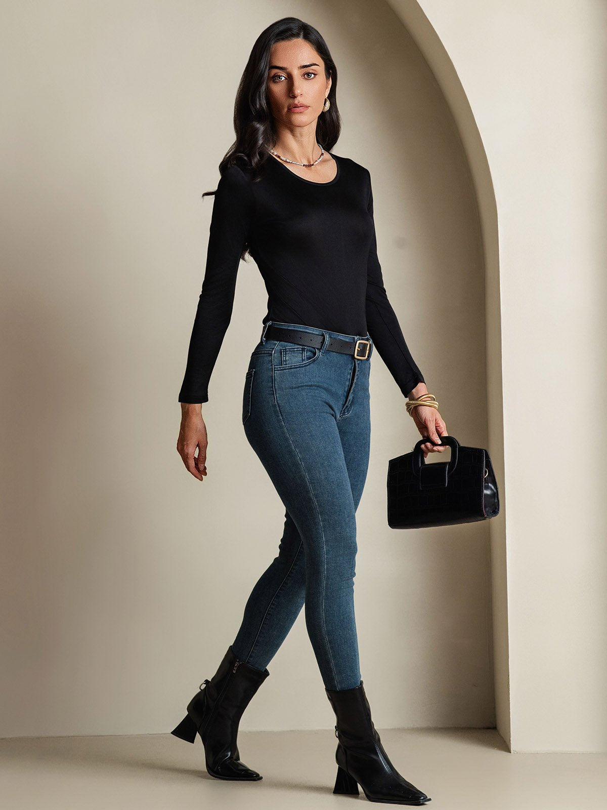 [Sort] SilkSilky-DK Langærmet Rund Hals T-shirt til kvinder 008