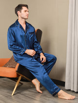 [Mørkeblå] SilkSilky-DK Langærmet Notchkrage Pyjamas til Mænd 003