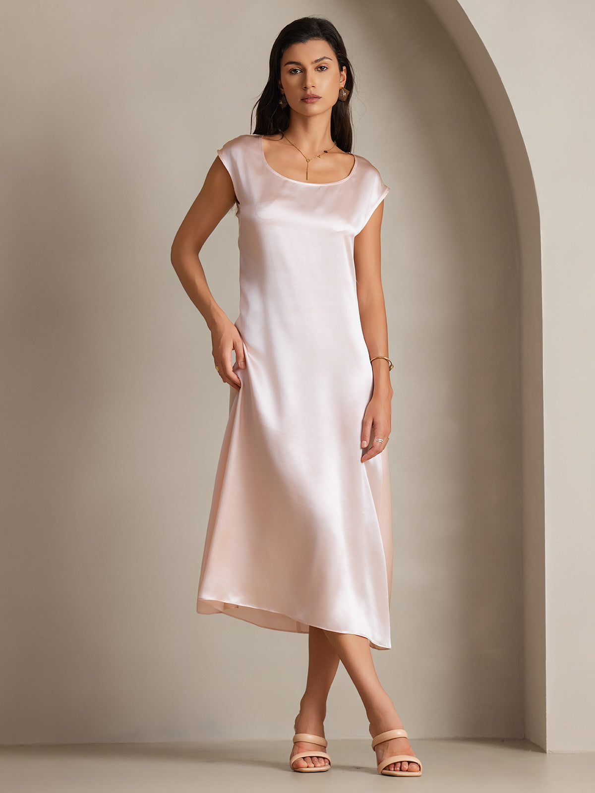 [Lyserød] SilkSilky-DK 19Momme Silke Dress 002