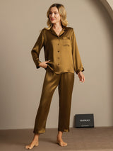 [Brun] SilkSilky-DK Long Sleeve Lapel Collar Dame Pyjamas 004