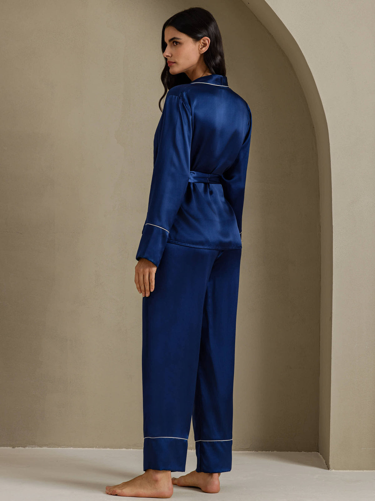 [Mørkeblå] SilkSilky-DK Long Sleeve Shawl Collar Dame Pyjamas 002