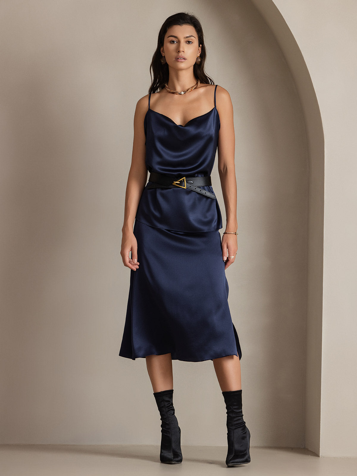 [Mørkeblå] SilkSilky-DK 19Momme Silke Skirt 005