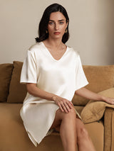 [Beige] SilkSilky-DK Half Sleeve V Neck Natkjole 006