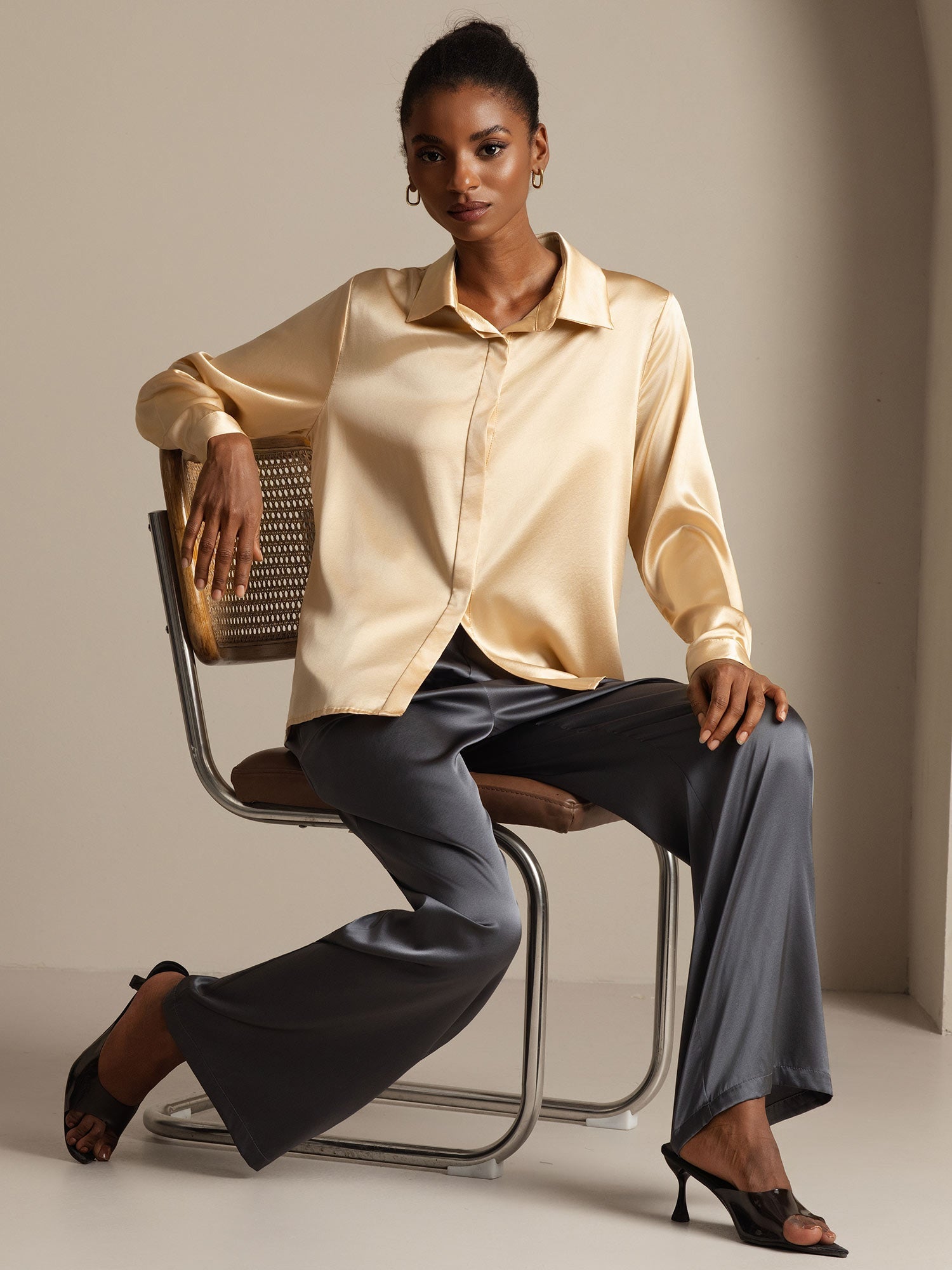 [Champagne] SilkSilky-DK 19Momme Silke Womens Shirt 009