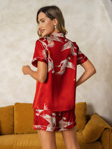 [Mørkerød] SilkSilky-DK 19Momme Kort ærme Notchkrage Dame Pyjamas 002