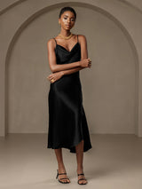 [Sort] SilkSilky-DK Spaghetti Rem Drapert halsutringning Kjole 004